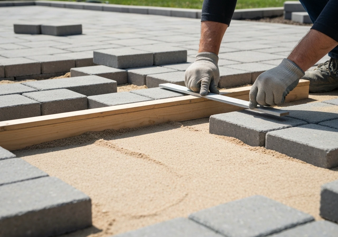 Hands leveling bedding sand under patio pavers during DIY installation