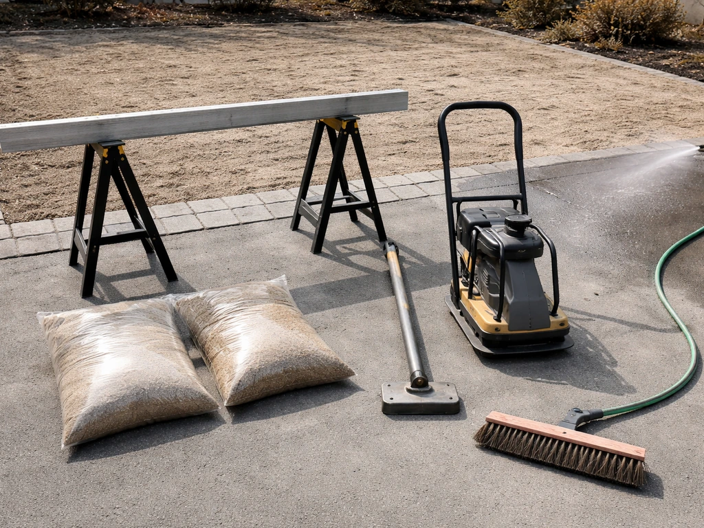 Staged patio paver sand tools: bedding sand, joint sand, screed board, tamper, broom, and misting hose.