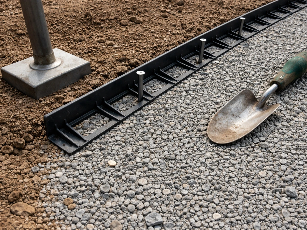 Worker installing plastic paver edging into compacted gravel base with tools nearby