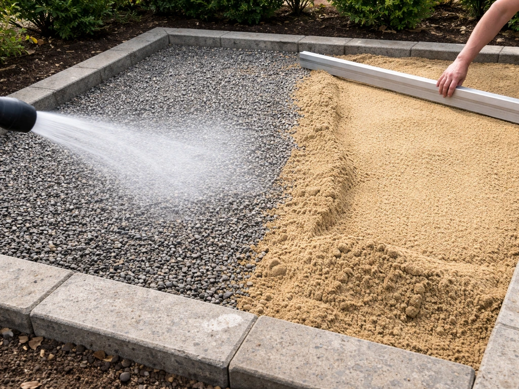 Hand lightly misting a compacted gravel base, then spreading and leveling bedding sand for pavers