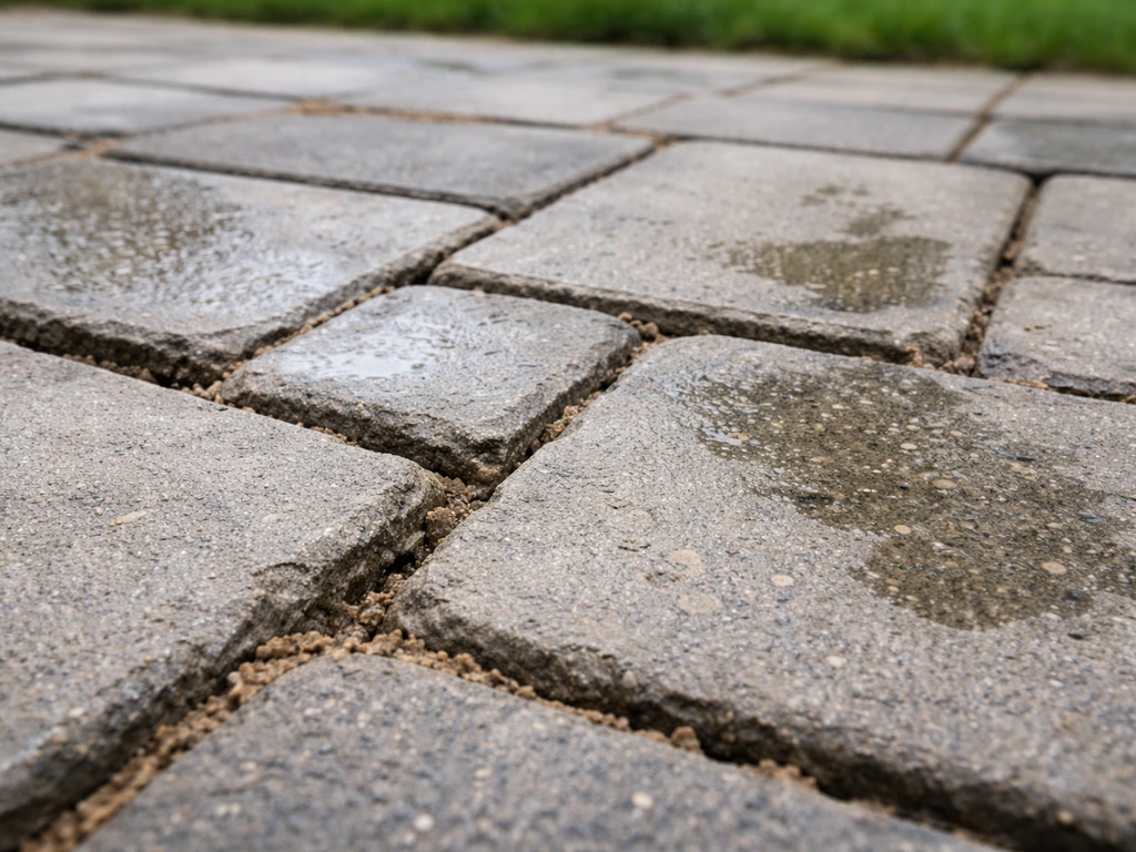 Rain-washed joint sand with visible gaps between pavers on an outdoor patio.