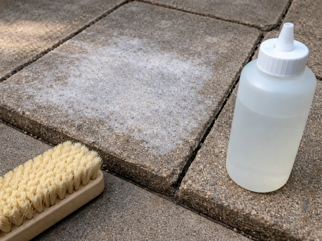 Close-up of hazy polymeric sand residue on paver surface with cleaning brush and diluted acid bottle nearby