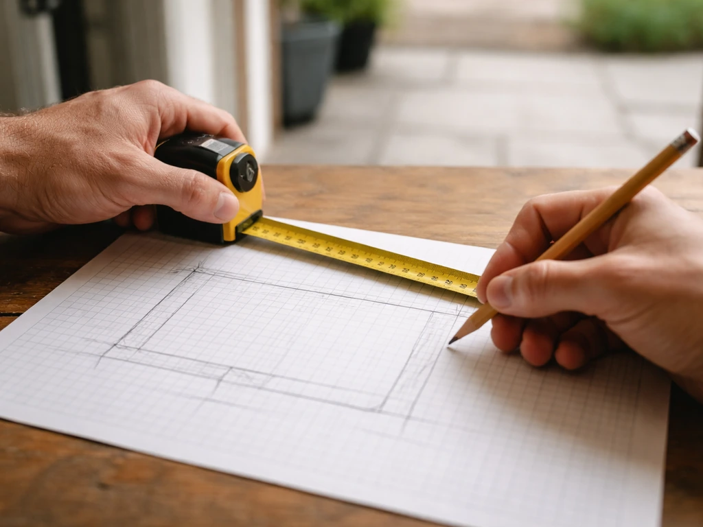 Close-up of a tape measure over graph paper with a simple patio layout sketch.