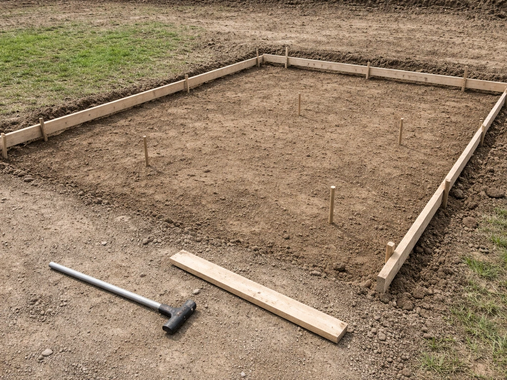 Prepared patio base with stripped grass/soil, visible depth stakes, and simple forms on a clean excavation bed.