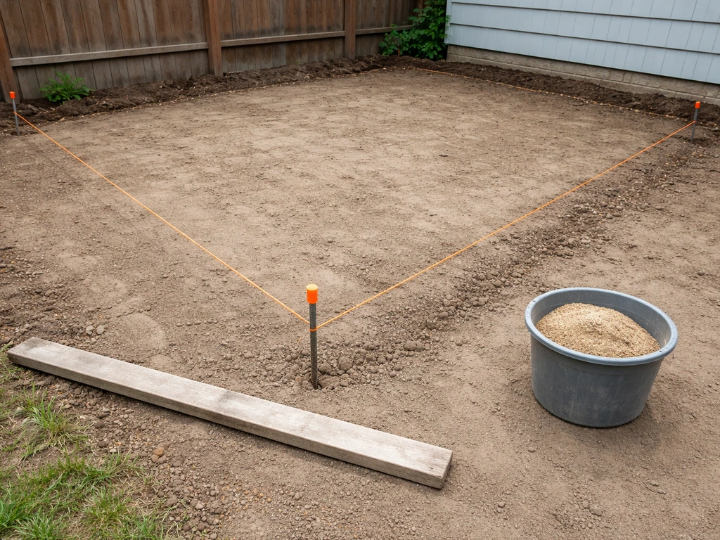 Corner stakes with taut string lines marking a patio layout and drainage slope on bare ground