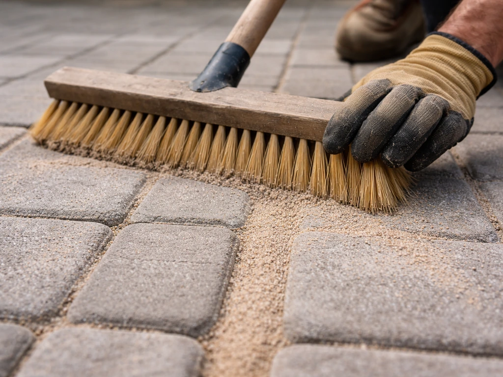 Gloved hands using a broom to spread polymeric sand into gaps between concrete pavers.