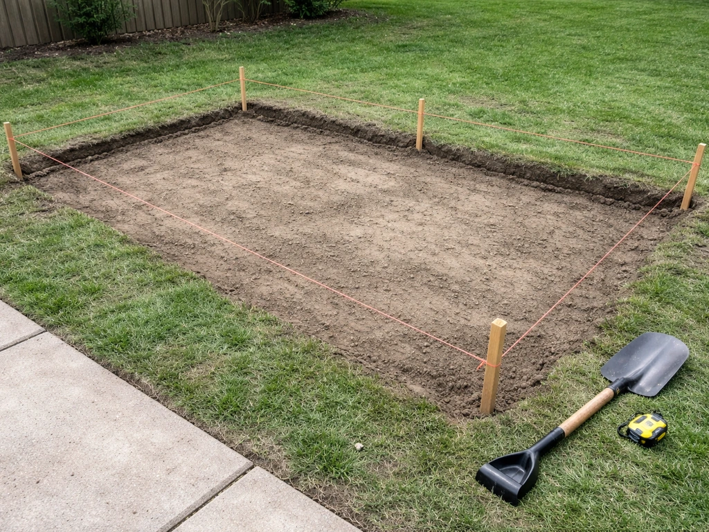 Backyard patio area marked with stakes and string lines, with a shovel and graded subgrade ready for gravel base.