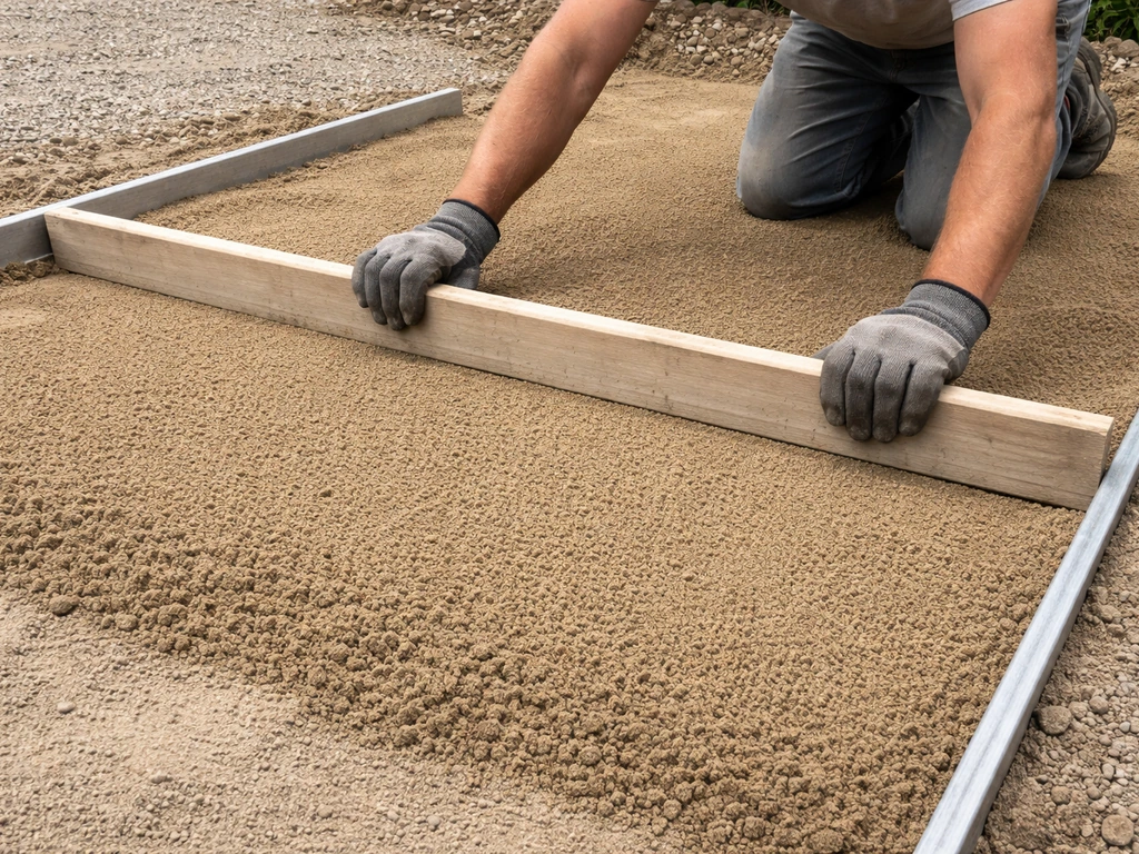 Worker screeding coarse bedding sand into a precise 1-inch layer with a straight board over prepared area