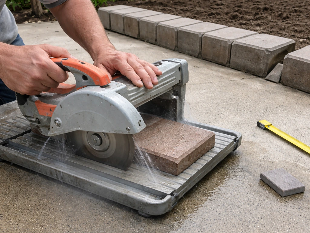 Worker trimming a patio edge paver with a wet-cutting diamond saw beside measured gaps and stacked pavers.
