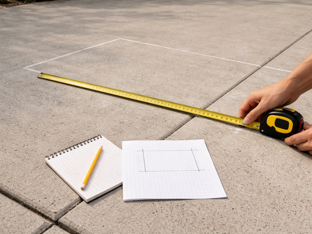 Person measuring a patio with a tape measure, chalk lines, and graph paper sketch of length and width