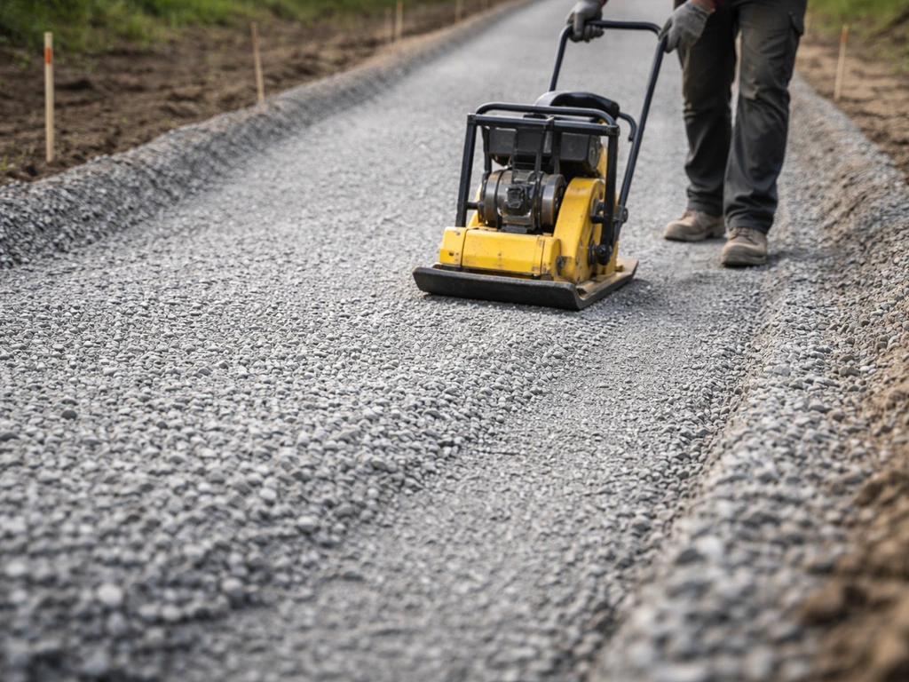 Plate compactor leveling a sloped, compacted gravel base with angular crusher run visible.