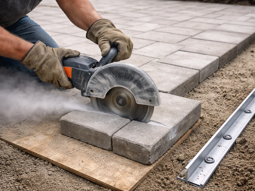 Worker cutting a concrete paver with a diamond saw while placing an edge restraint along a patio border