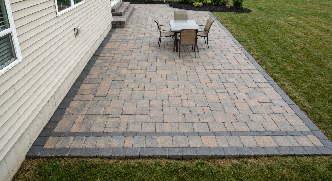 Finished backyard paver patio with table and chairs, showing neat joints, edge restraint and slope away from the house.