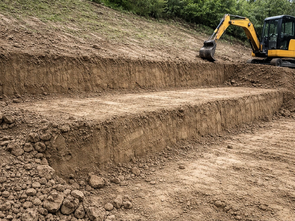 Skid-steer or excavator shaping a stepped, level base on sloped ground for stability