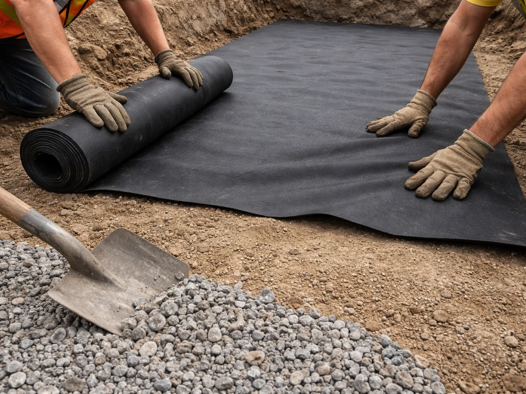 Anonymous hands unroll geotextile fabric over compacted soil as gravel base is being placed.