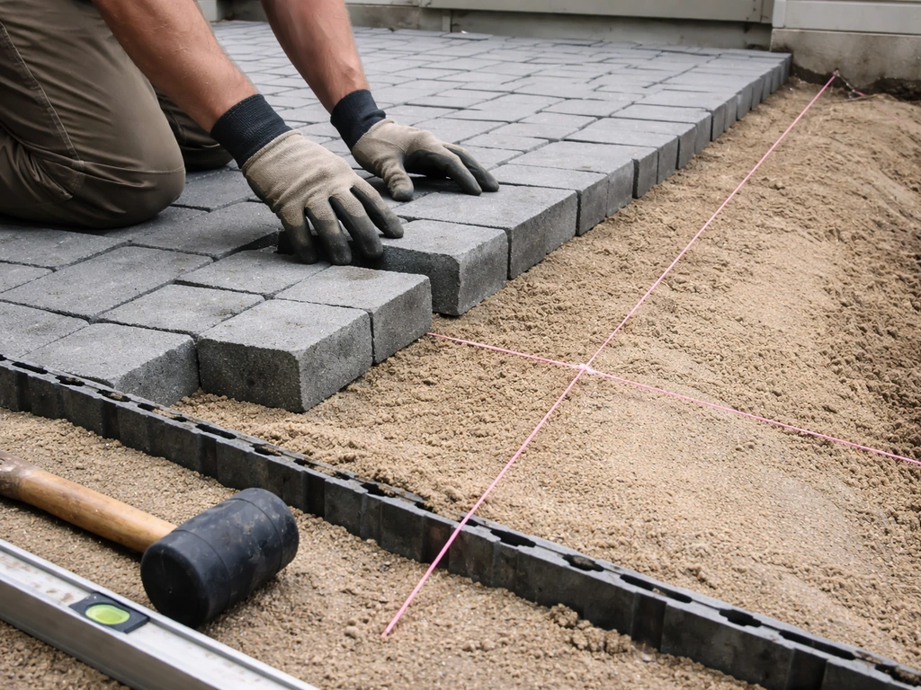 Worker laying concrete pavers on a sloped patio, checking alignment with string lines and level tools.