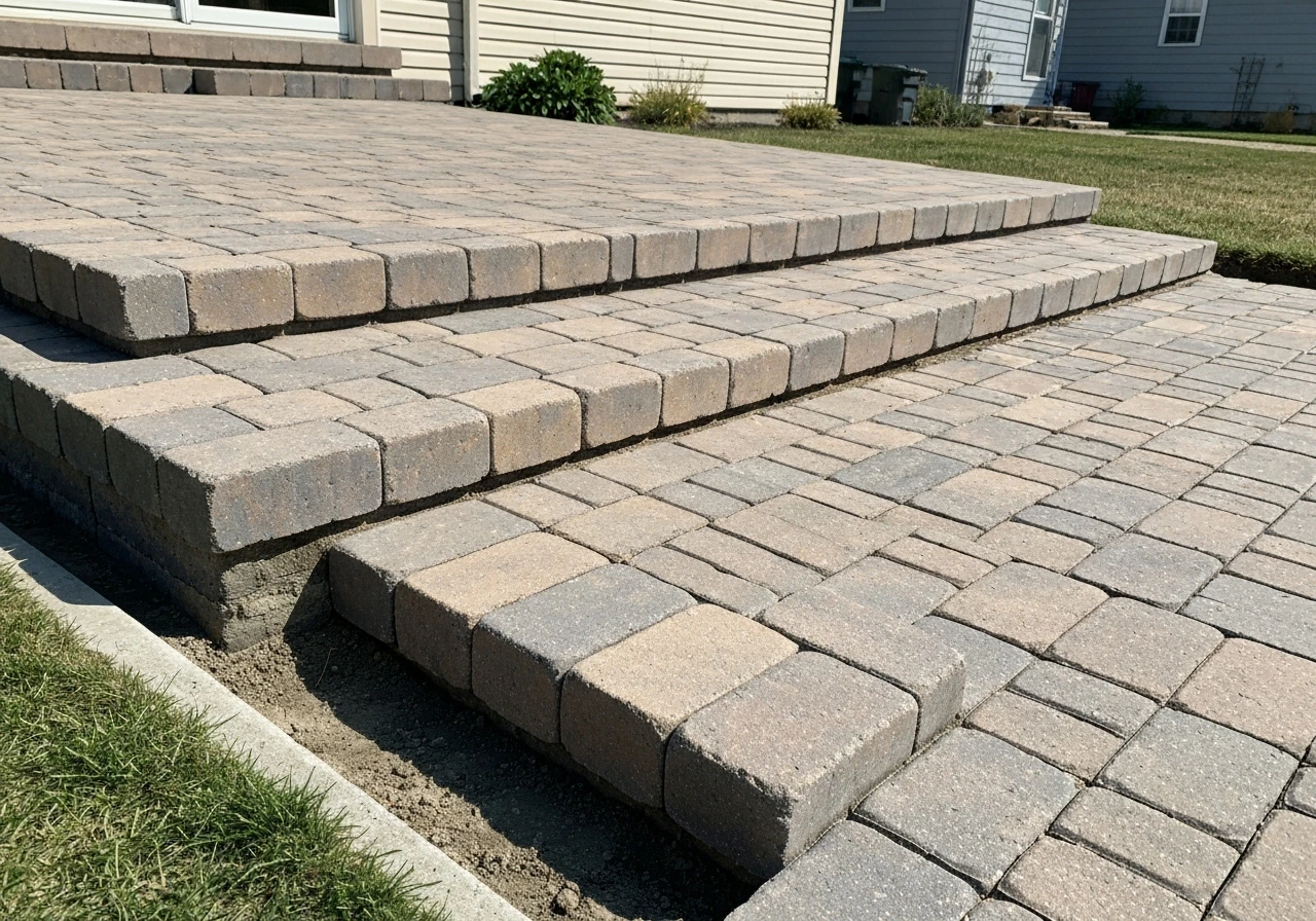 Side low-angle view of finished patio paver steps with crisp edging and visible tread lines.