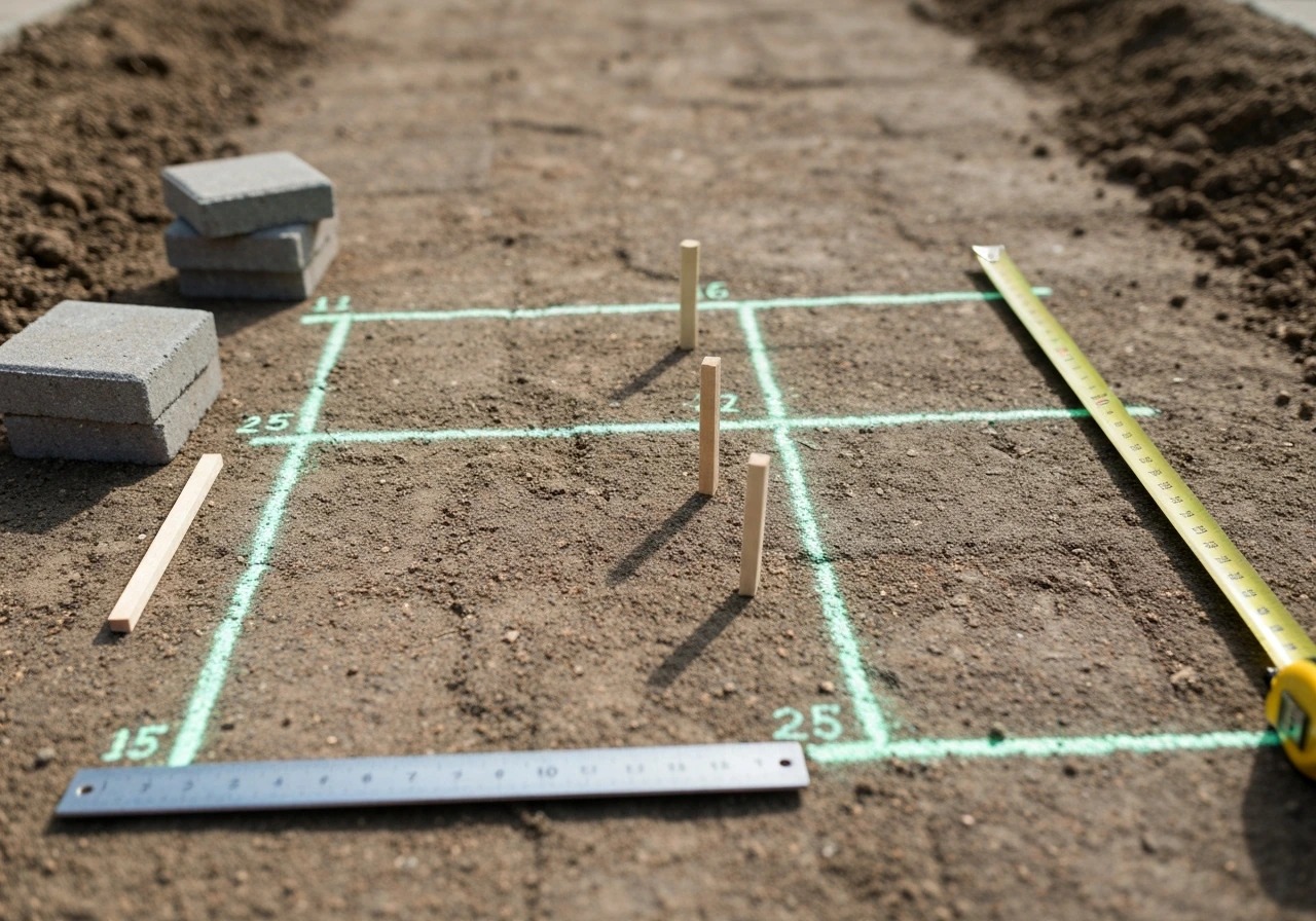 Minimal photo of a marked paver step layout on the ground showing riser and tread measurement spacing