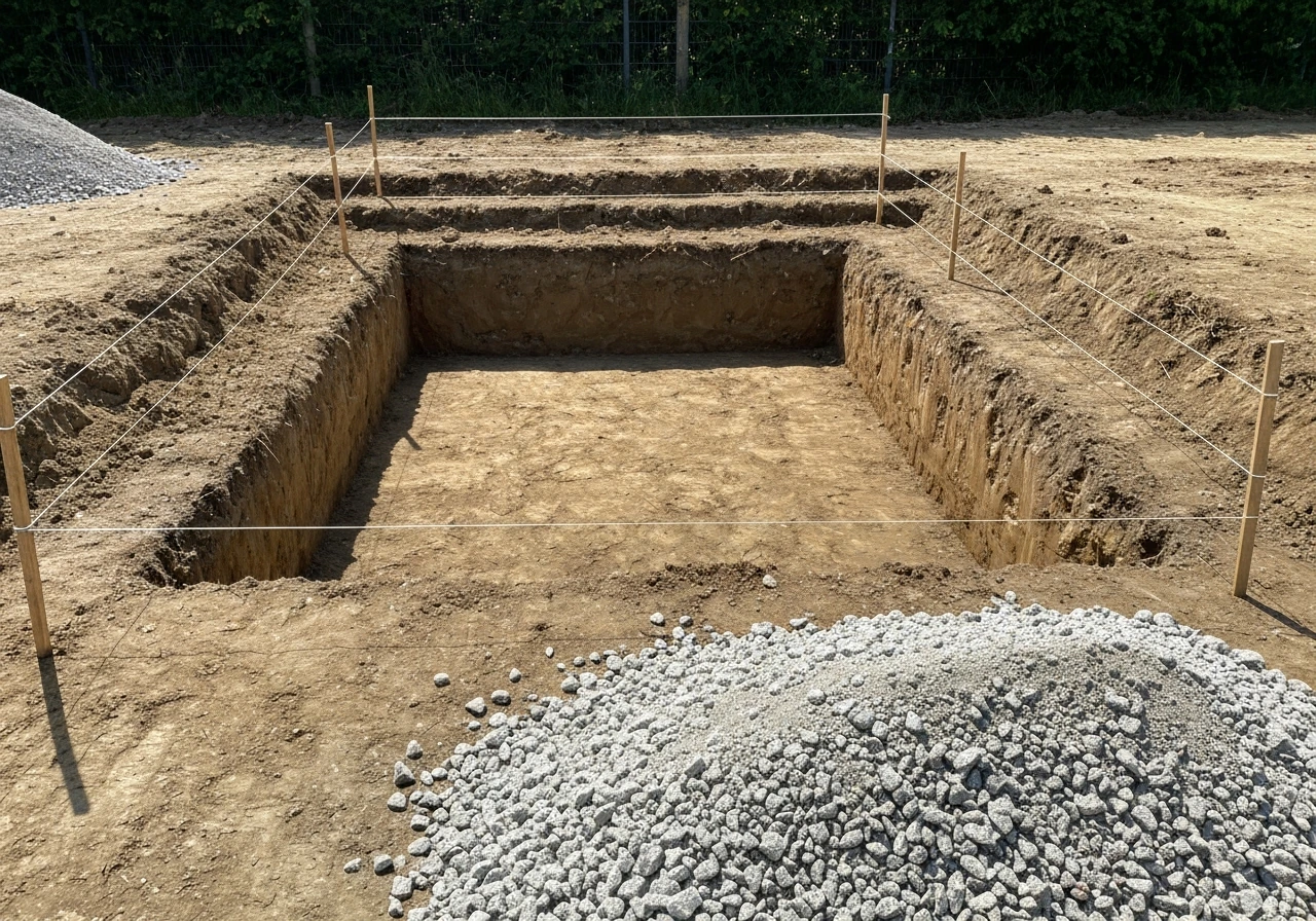 Terraced excavated subgrade for steps marked with stakes and taut string, showing different elevations.