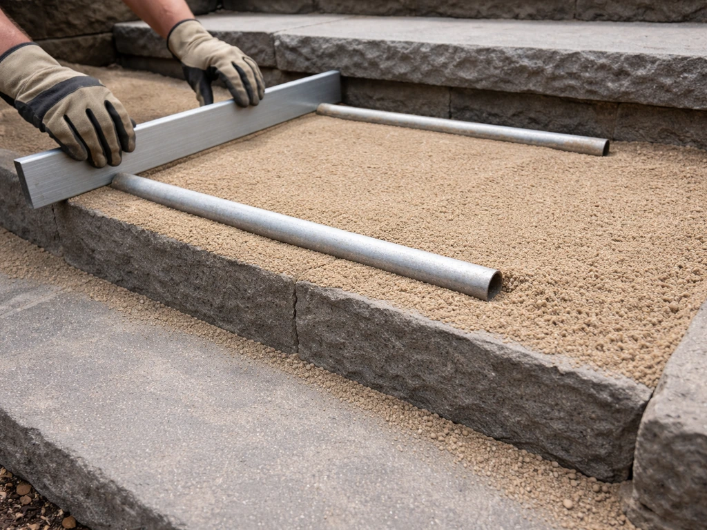Smooth 1-inch sand screeded on stair treads with 1-inch pipe guides ready for pavers.