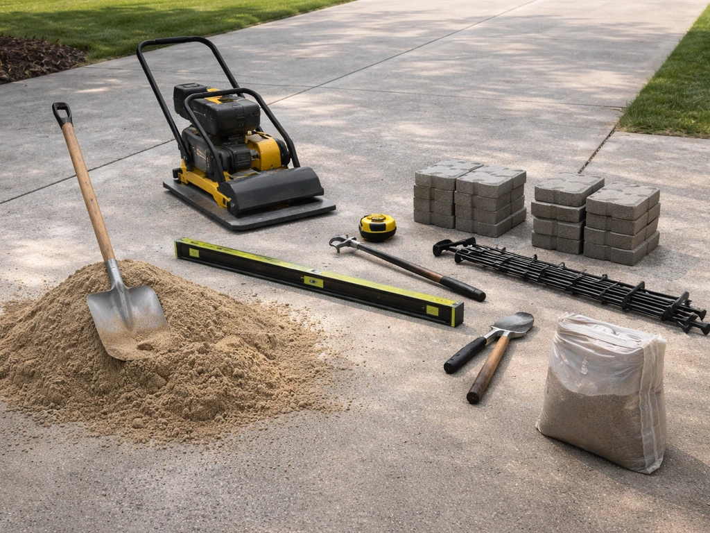 Plate compactor, level, tape measure, sand, polymeric sand, edge restraints, and pavers laid on a driveway.