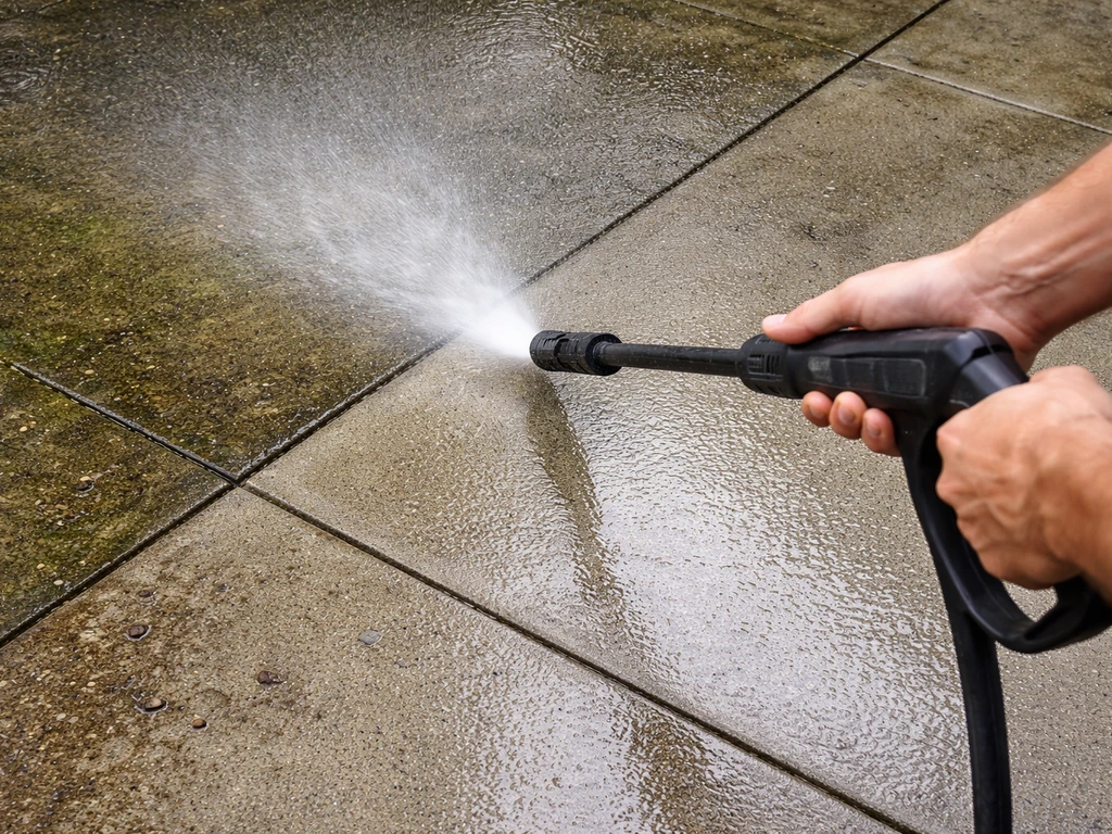 Pressure washer wand spraying a concrete patio, algae and debris being washed away with visible mist.
