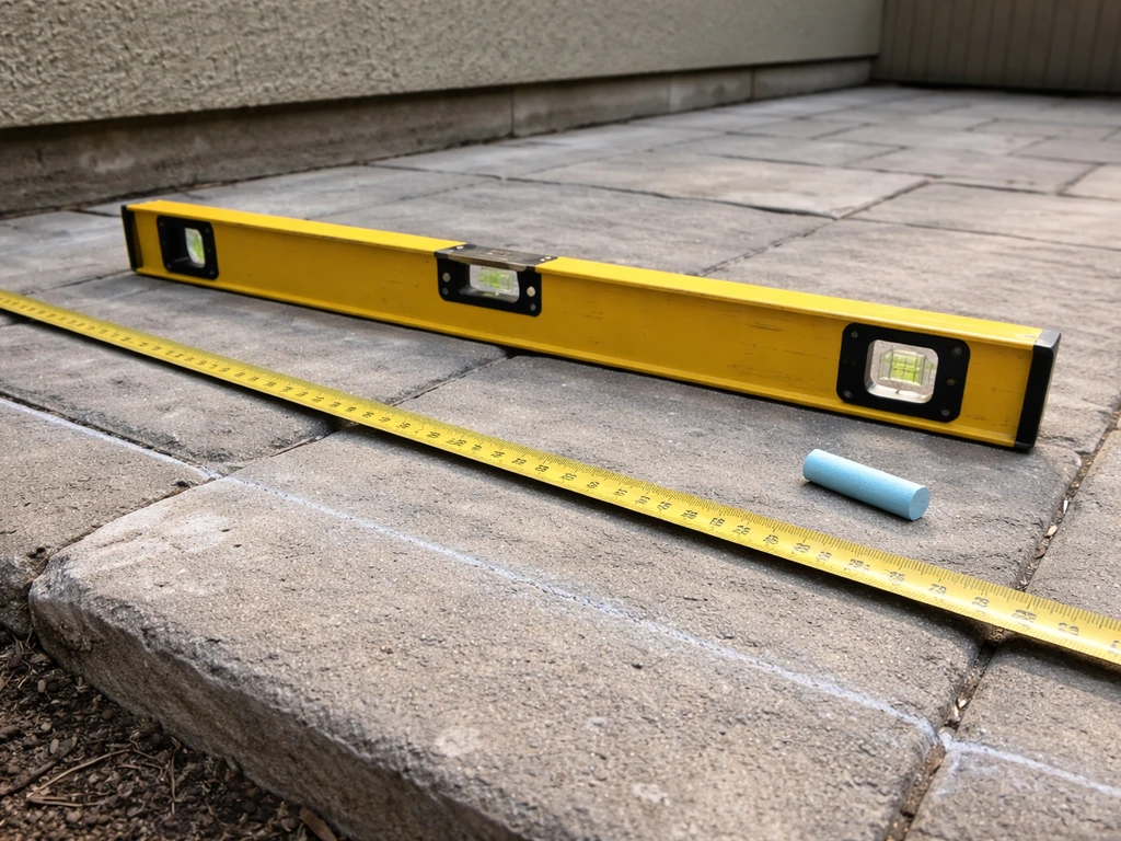 4-foot level and tape measure on a patio with small chalk marks indicating drainage grade spots.