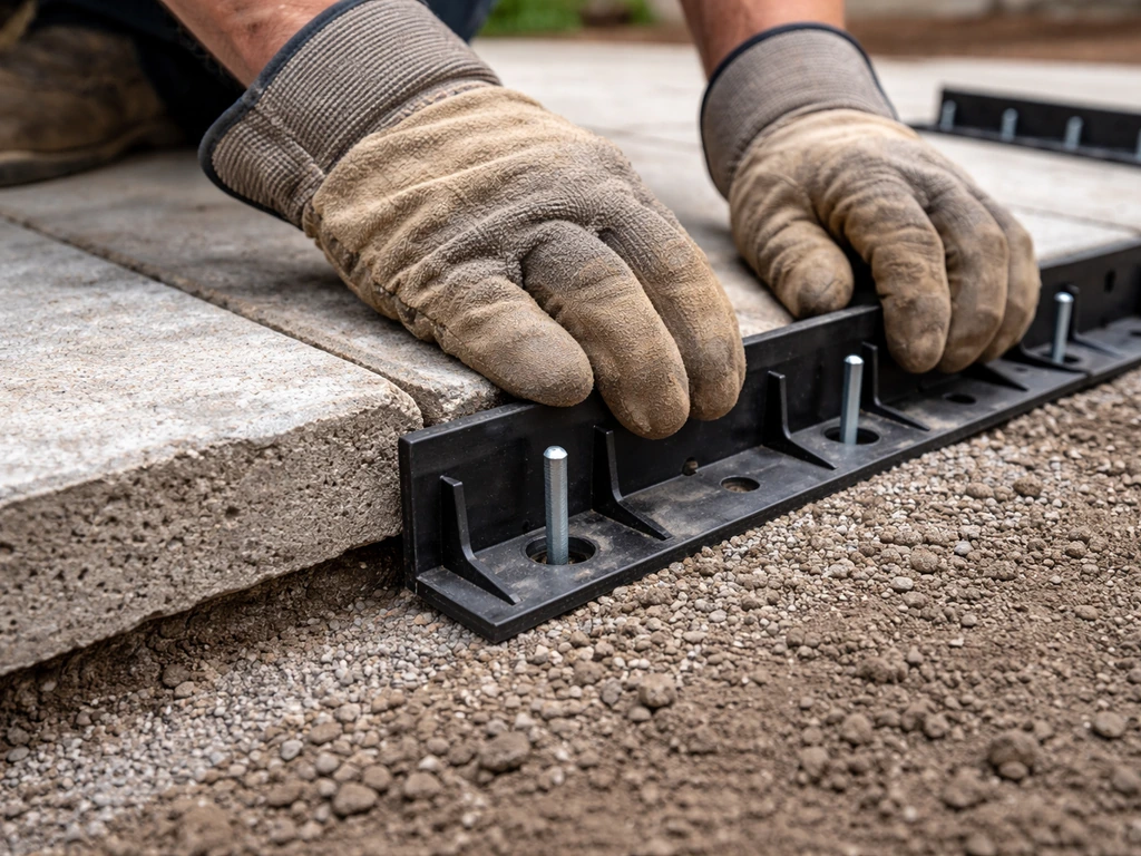 Close-up of plastic edge restraint with spikes being installed along the perimeter of an existing concrete patio.