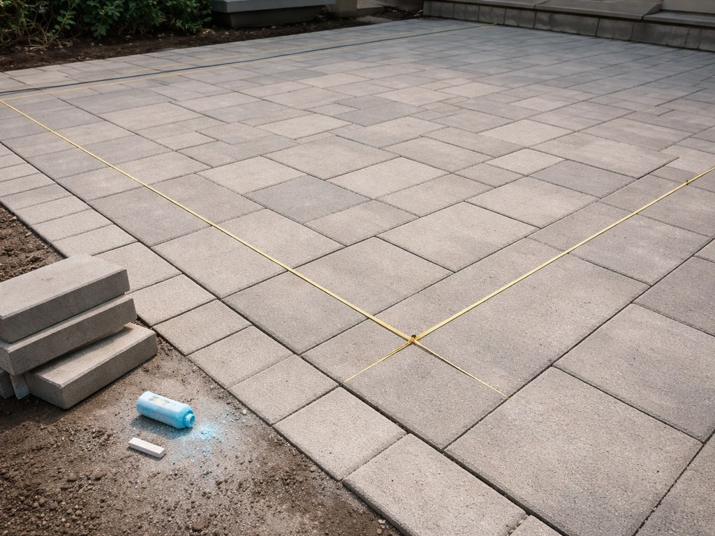 Empty patio with neat chalk/string lines marking borders and where paver edge cuts will land.