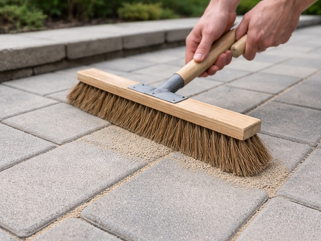 Worker sweeping polymeric sand into paver joints, sand lines visible before compaction