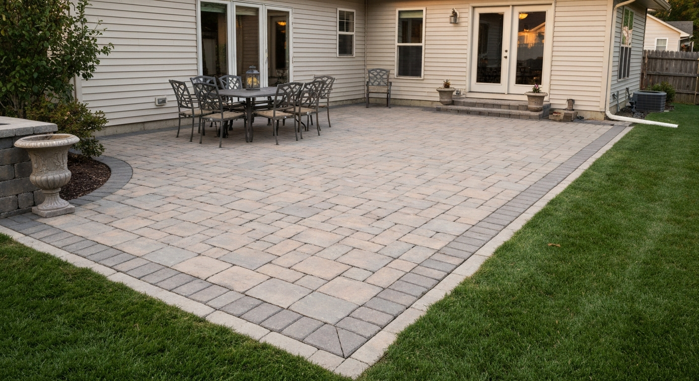 Finished Pavestone patio in a backyard showing interlocking pavers, edge restraint, and gentle slope away from the house.