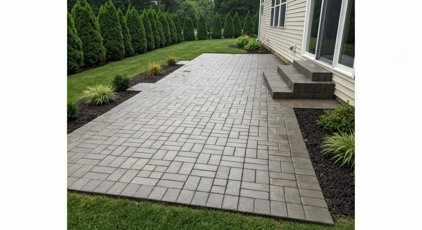 Finished permeable paver patio with open-stone joints, slight slope away from the house, and surrounding landscape.
