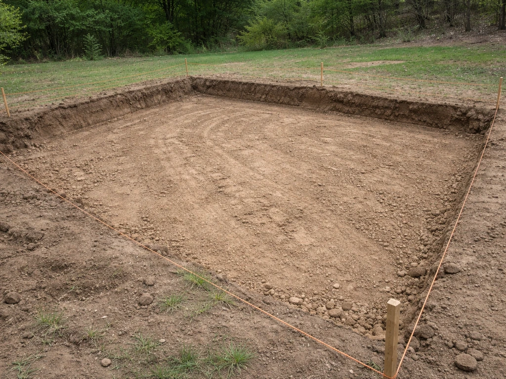 Excavated backyard dig area with graded drainage slope and prepared subgrade for a patio
