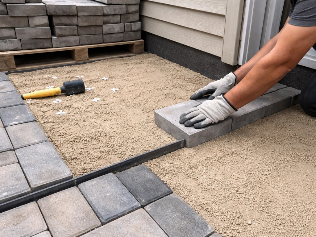 Worker’s hands placing the first paver at a corner, aligning a straight pattern with spacers and visible edge cuts