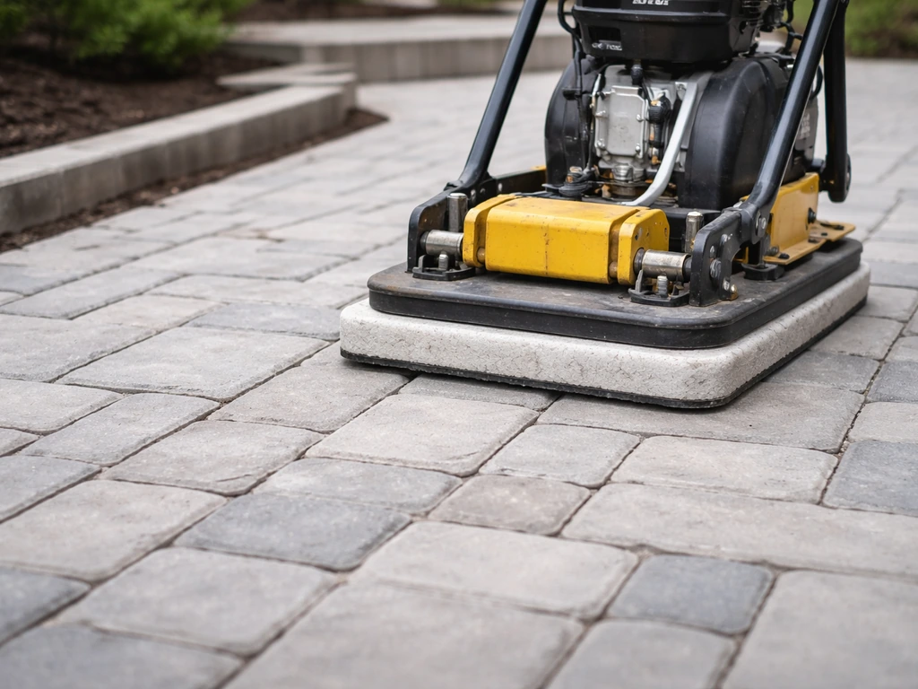 Plate compactor with protective pad compressing freshly laid concrete pavers