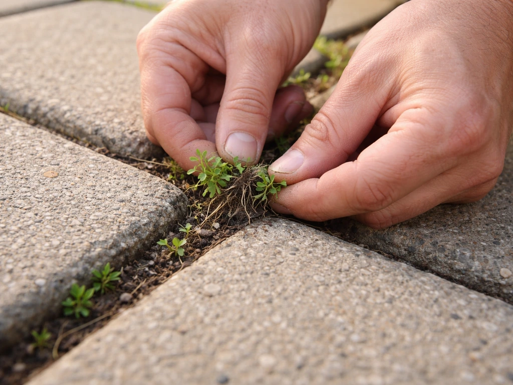 Close-up of hands pulling weeds from between paver stones with dark organic debris in the joints.
