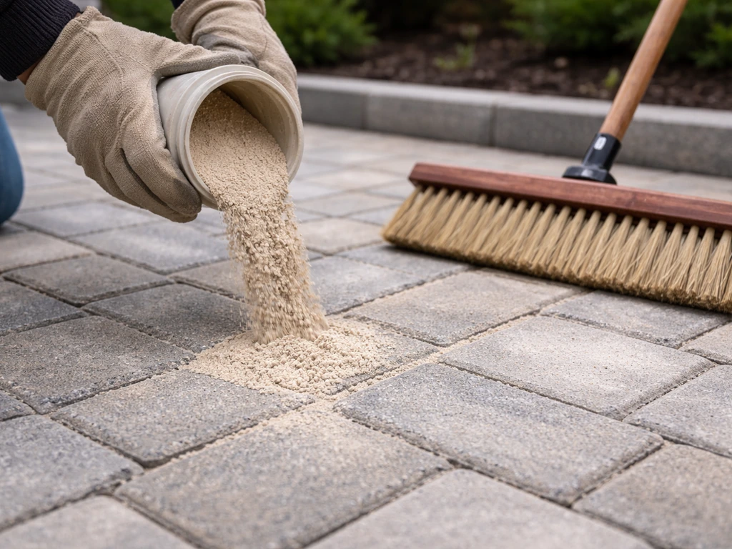 Hands pouring joint sand over a paver patio, swept into the joints to lock pavers in place.
