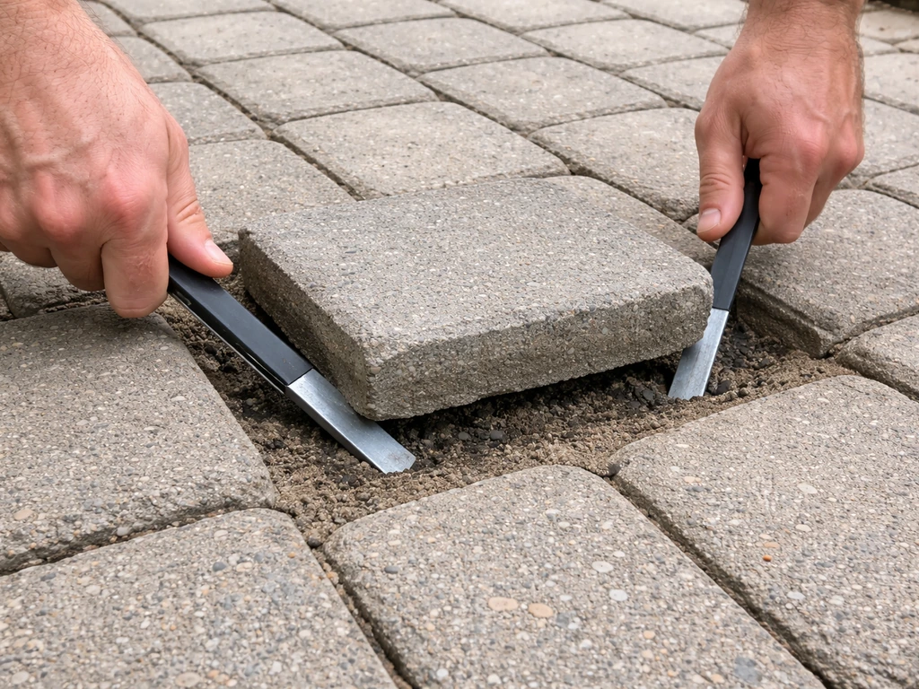 Close-up of one sunken paver being lifted with pry bars after joint sand is brushed away.