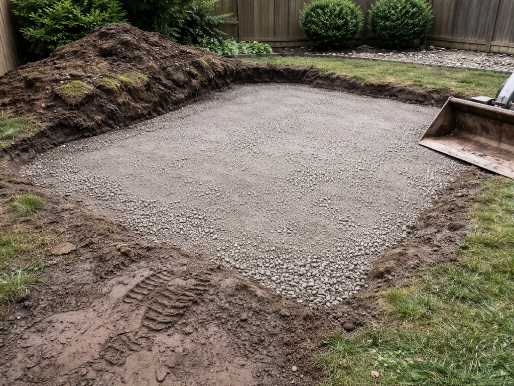 Excavated patio area with sod/topsoil removed and graded base forming a drainage slope