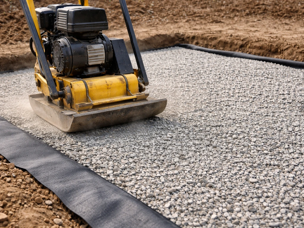 Plate compactor compacting a gravel sub-base with geotextile fabric visible at the edge