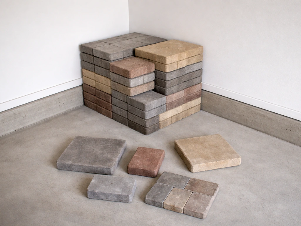 Stack of mixed patio pavers in a garage/driveway with a few laid out on the concrete floor.
