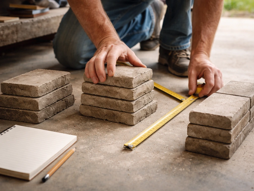 Anonymous hands sorting and counting leftover patio pavers into piles with a measuring tape and blank notepad.