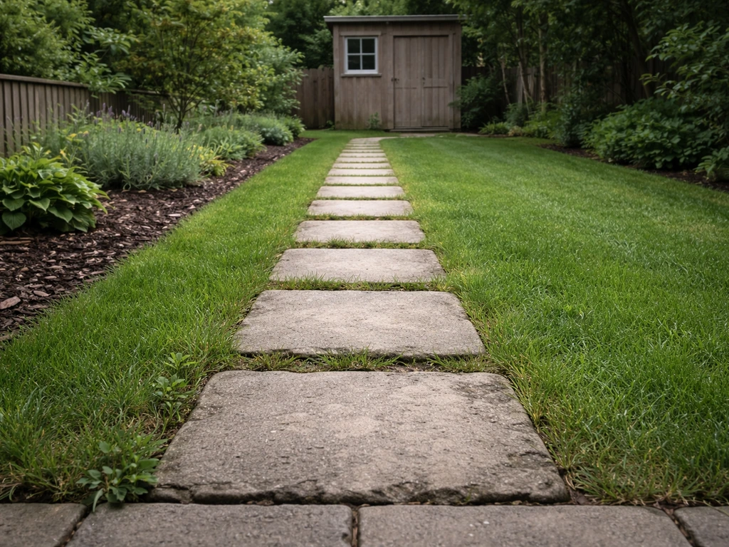 Short stepping-stone garden path made of leftover pavers set into green grass toward a small shed.