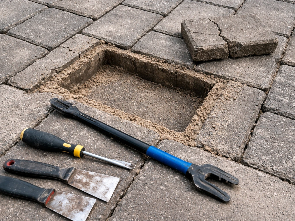 Empty paver spot with joint sand chiseled out, cracked paver removed, tools nearby on pavement.