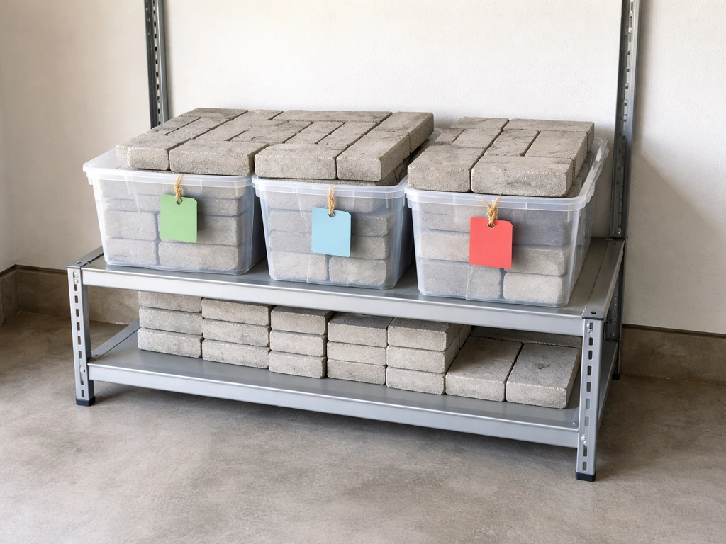 Extra pavers stored in bins on a rack with color-coded tags for easy future repairs.