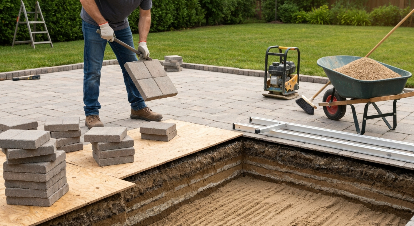 Homeowner using a pry bar to lift a patio paver with stacked salvaged pavers, plate compactor, and exposed sand/base layers visible in a backyard.