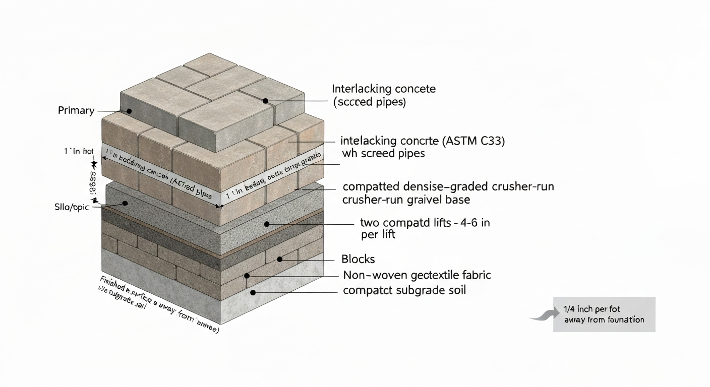 Isometric cutaway illustration of a paver patio showing layers: pavers, 1" bedding sand, compacted gravel base in lifts, geotextile, and compacted subgrade with slope callout.