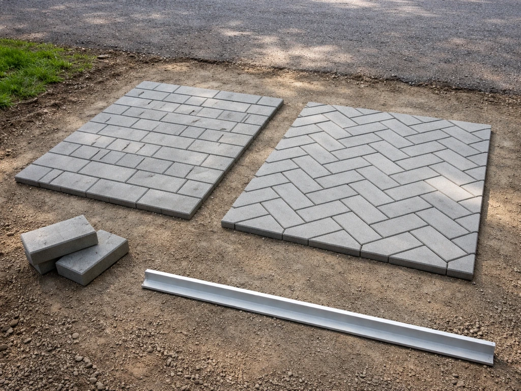 Concrete interlocking pavers shown in running bond and herringbone patterns for a small patio layout.