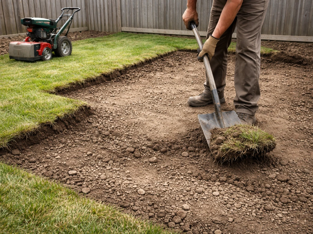 Worker’s shovel and sod cutter beside excavated ground, uneven soil leveled and ready for gravel base