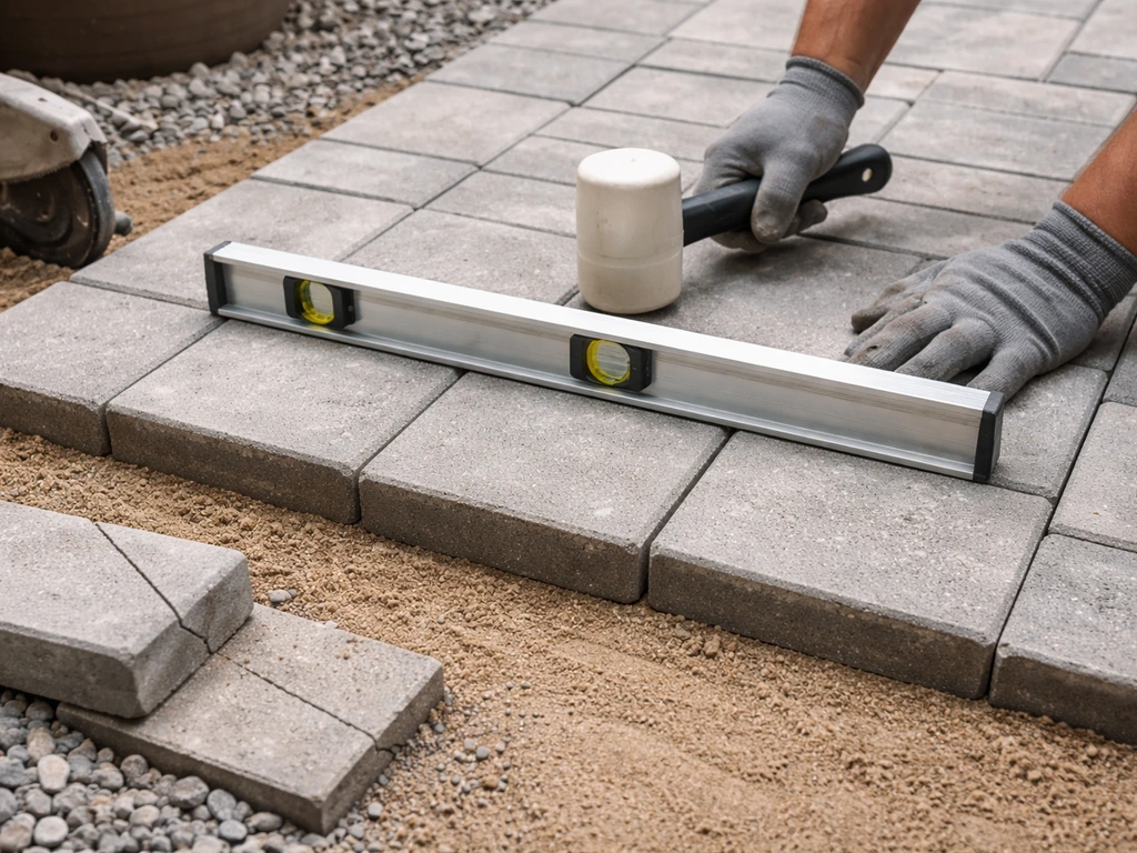 Rubber mallet tapping pavers into place while a level tool checks alignment; cut paver piece nearby.